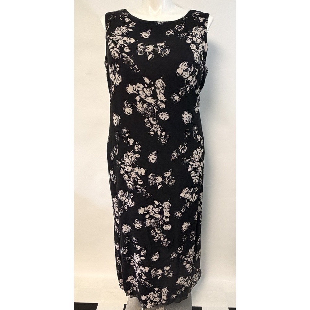 Vintage 90s Maxi Dress Silk Women's 22W Sheer‎ Black White Floral Side Slits